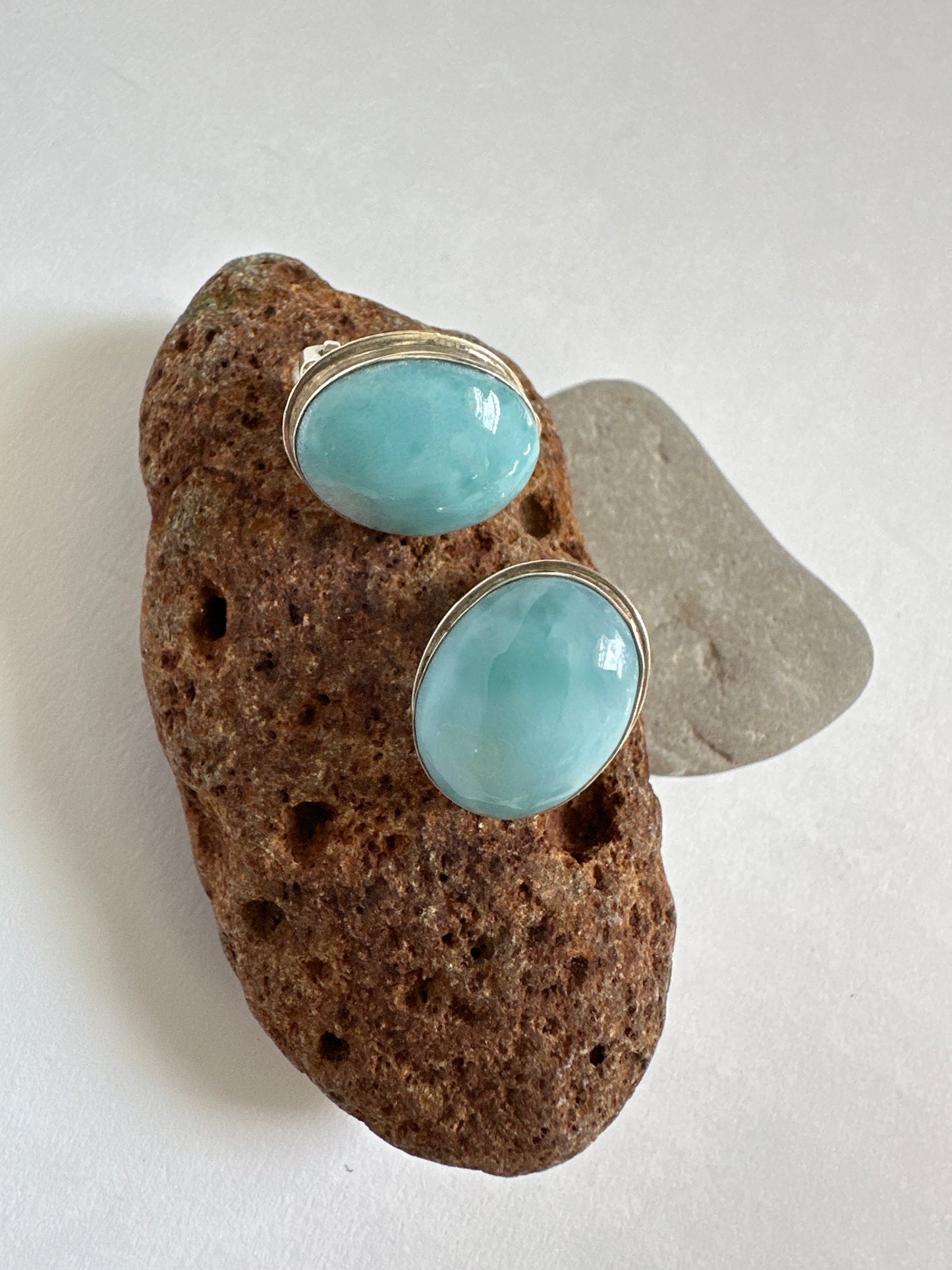 Vintage Larimar Oval Cabochon Sterling Silver Stud Earrings