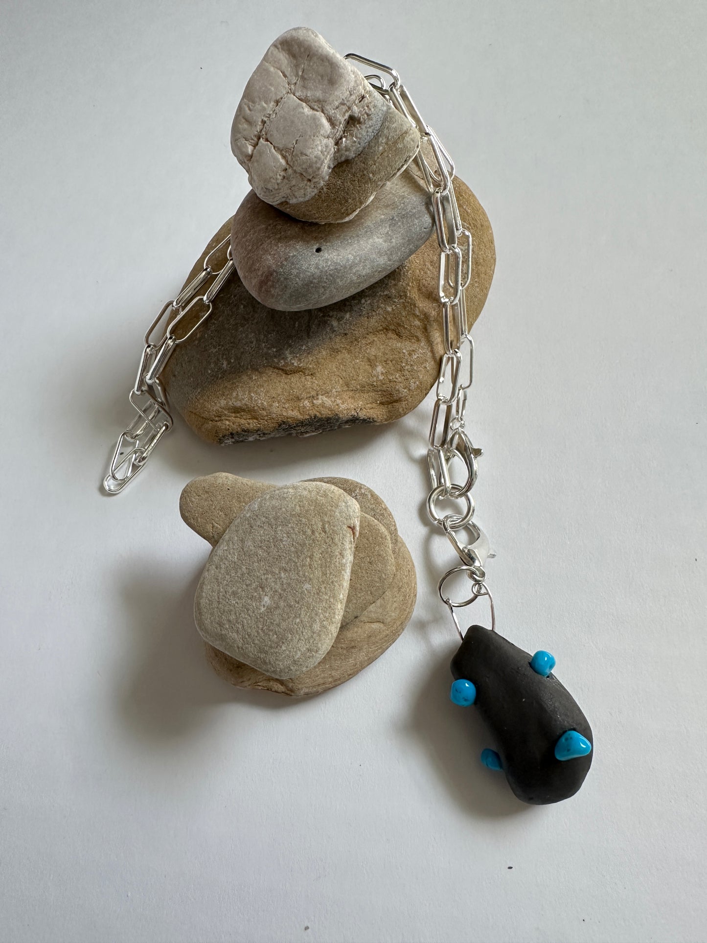 Black Ceramic Form & Turquoise Stone Pendant on Silver Paperclip Chain