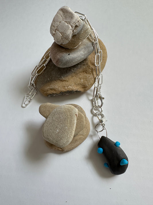 Black Ceramic Form & Turquoise Stone Pendant on Silver Paperclip Chain