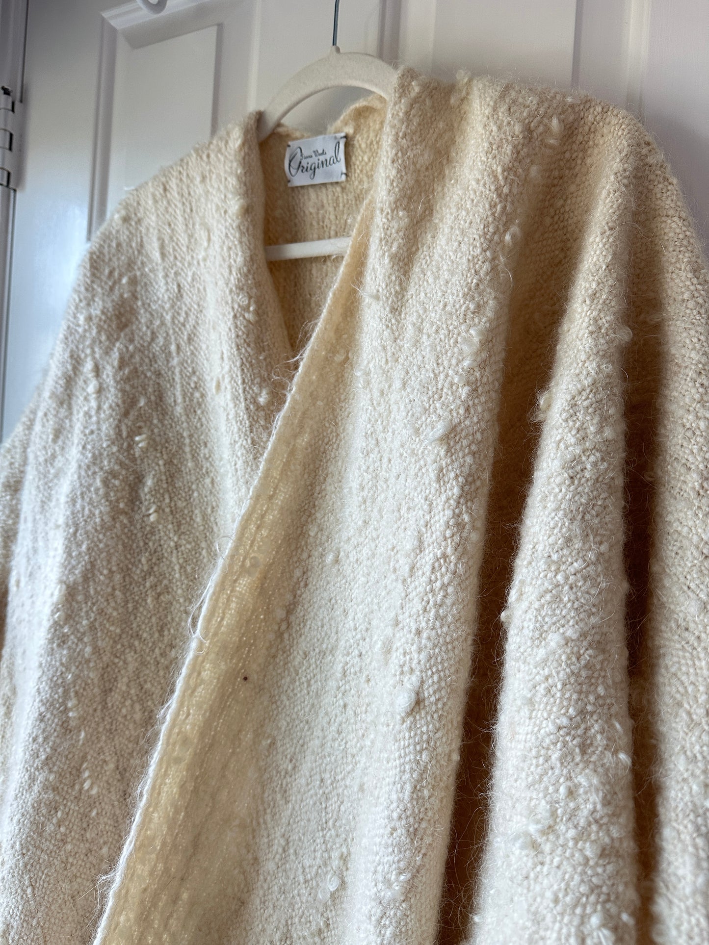 Mohair Wool Hand Loomed Shawl, Ruana, Blanket Wrap by Tierra Wools Original in White Cream