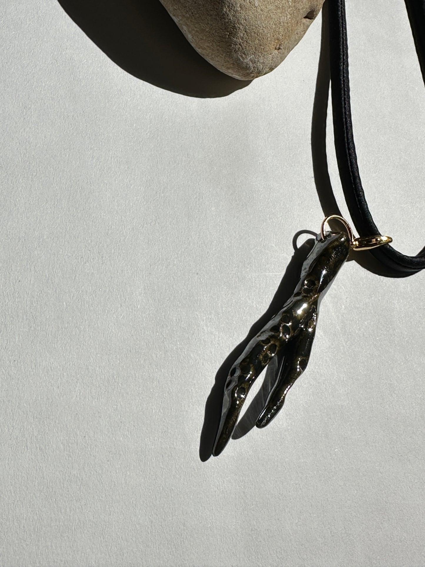 Ceramic Chrome Metalic Driftwood Pendant Necklace on Black Silk Cord