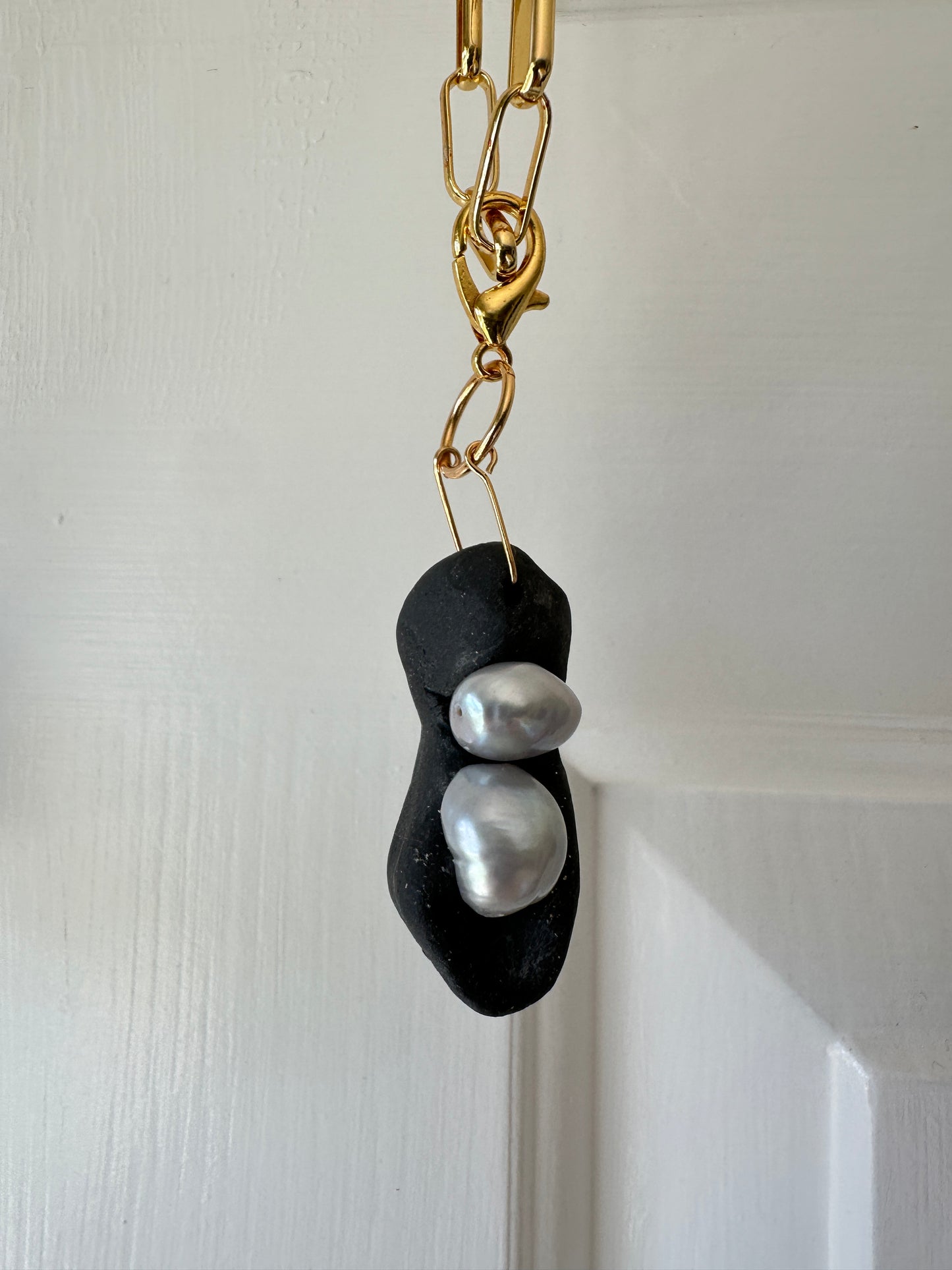 Black Ceramic Form & Baroque Pearl Pendant on Gold Paperclip Chain