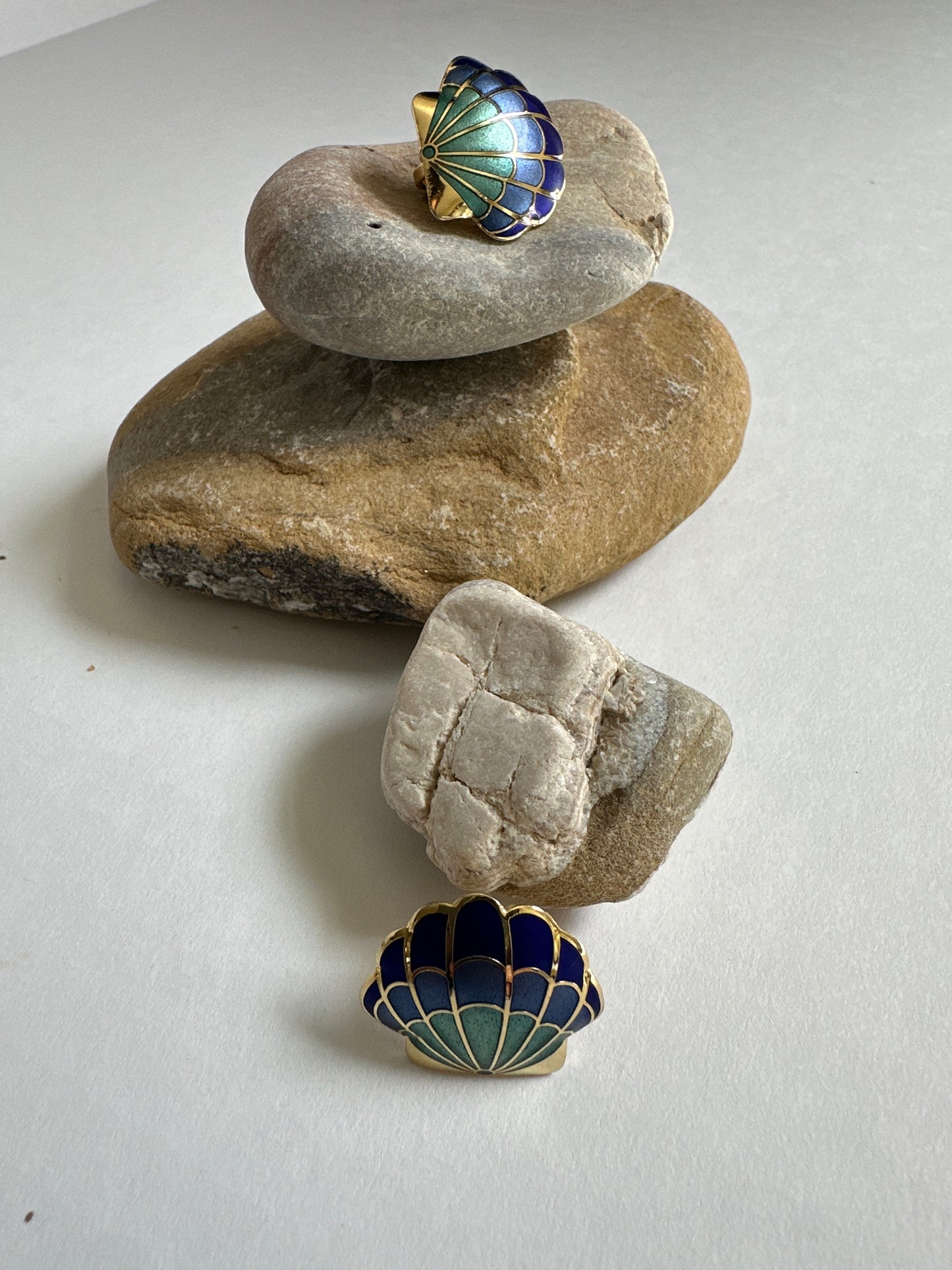 Vintage Cloisonné Scallop Shell Earrings in Teal & Cobalt
