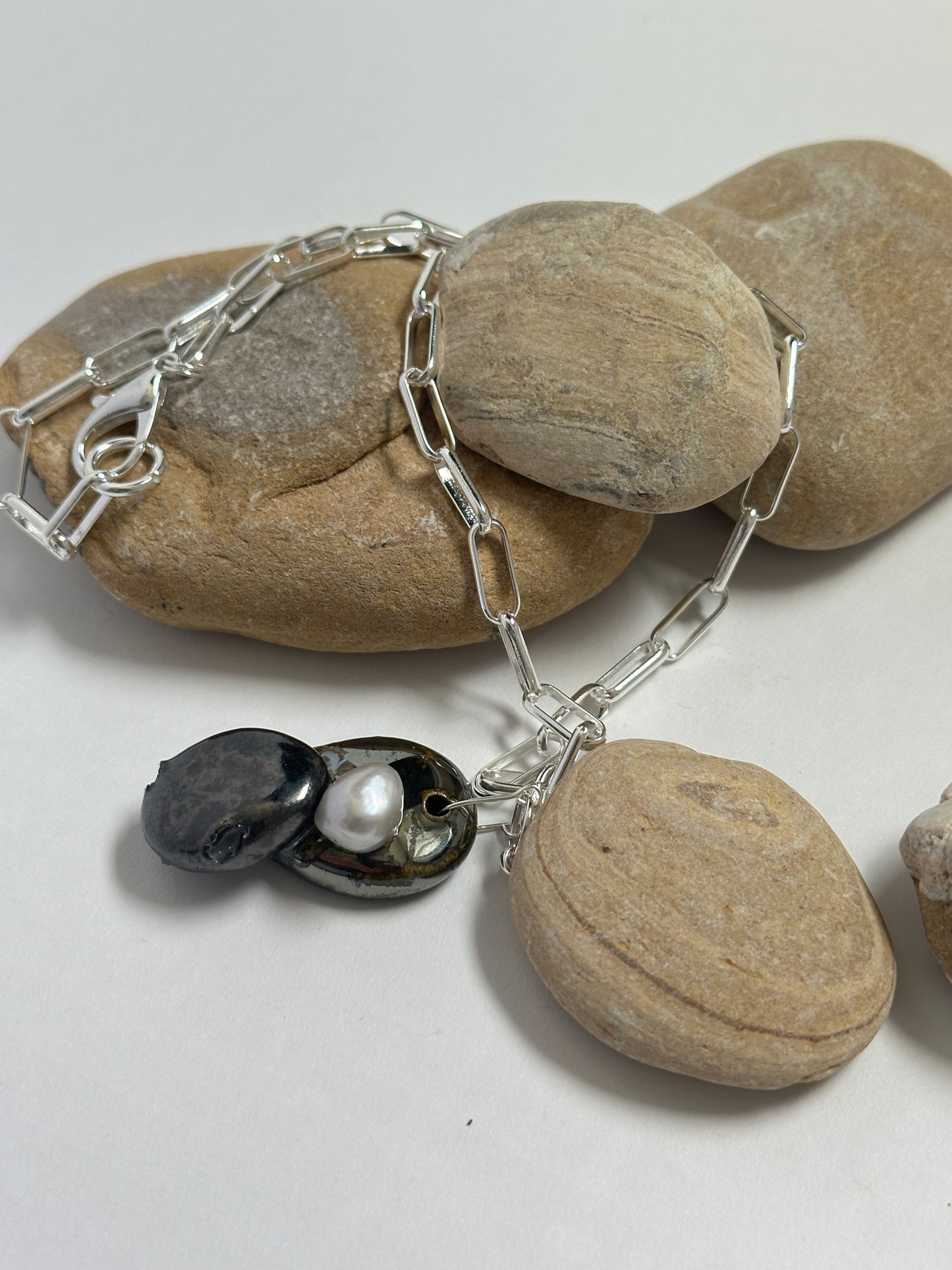 Stacked Ceramic Cobbles & Baroque Pearl Pendant on Silver Paperclip Chain