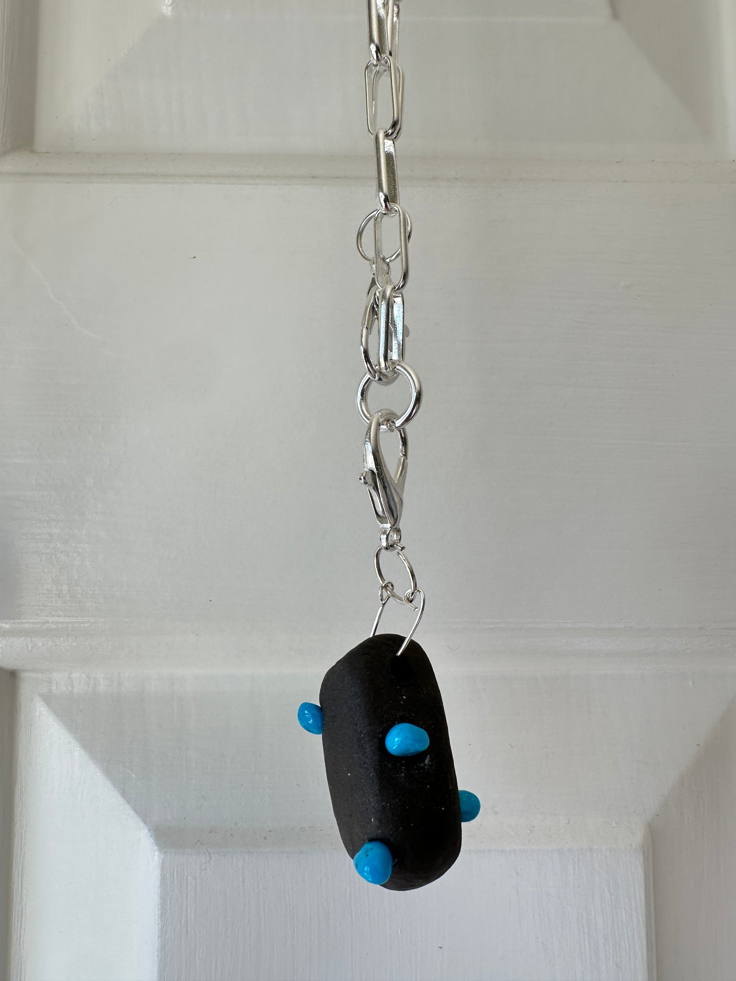 Black Ceramic Form & Turquoise Stone Pendant on Silver Paperclip Chain