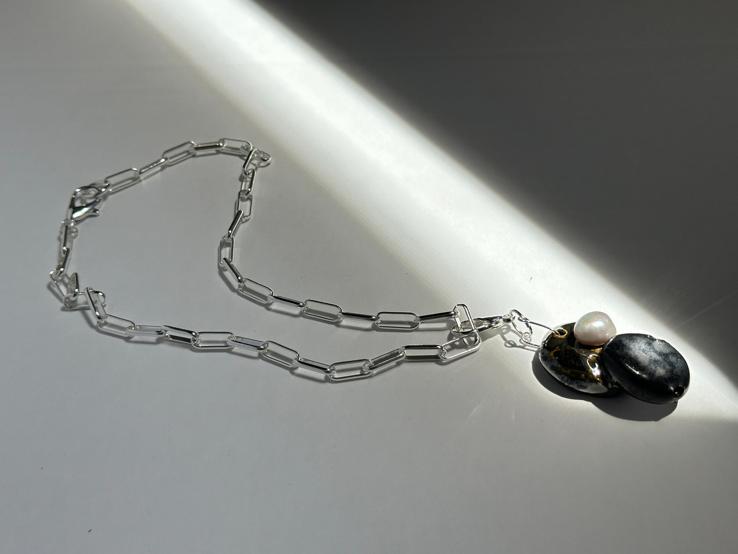 Stacked Ceramic Cobbles & Baroque Pearl Pendant on Silver Paperclip Chain