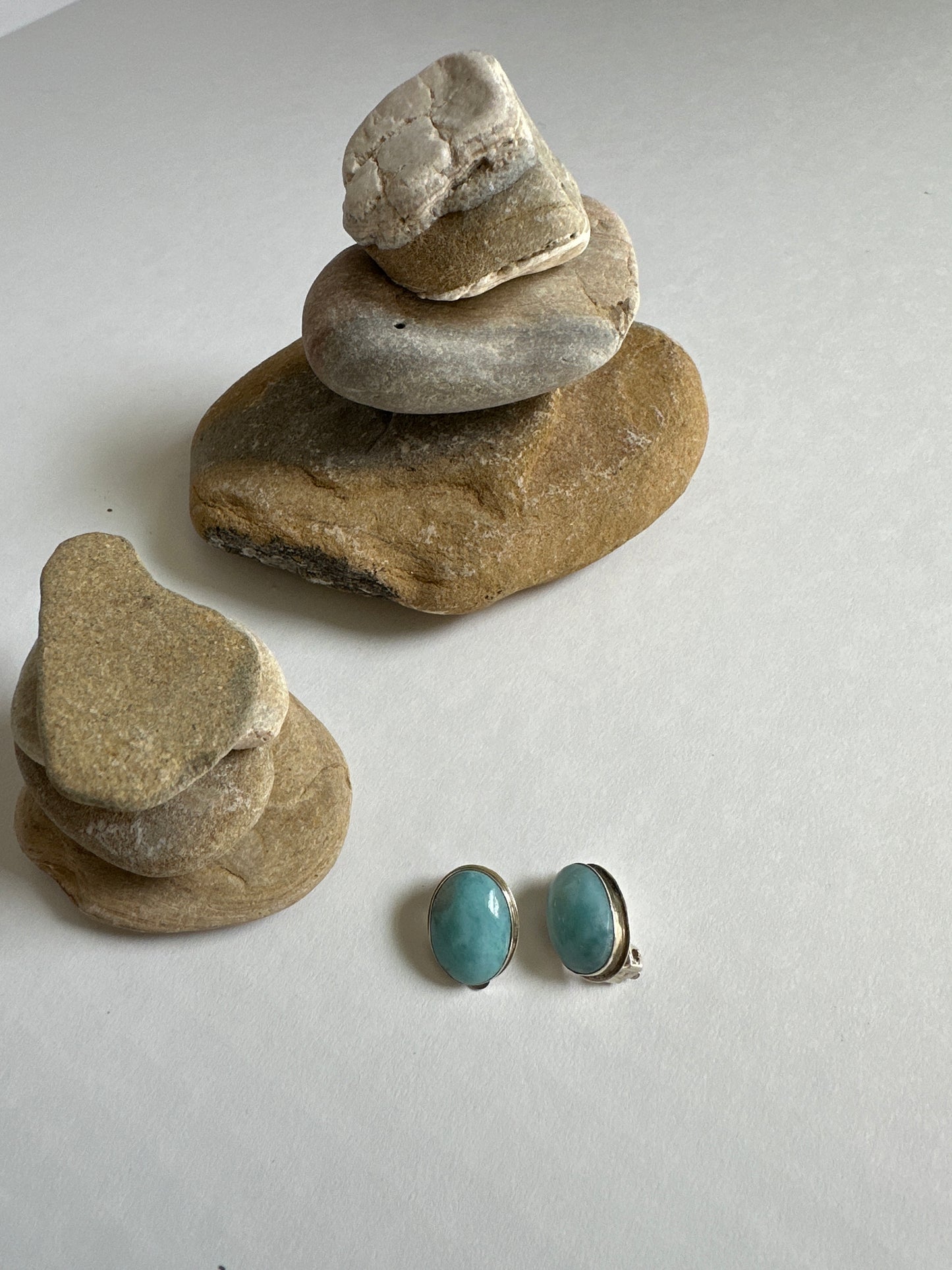Vintage Larimar Oval Cabochon Sterling Silver Stud Earrings