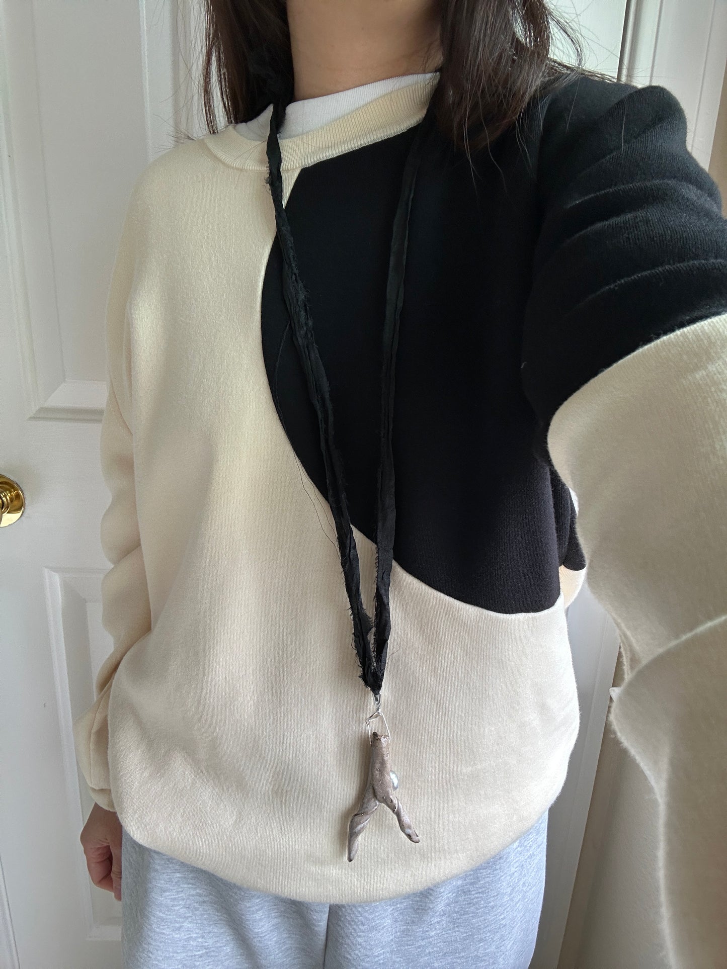 Taupe Ceramic Driftwood & Baroque Pearl Pendant on Raw Silk Cord