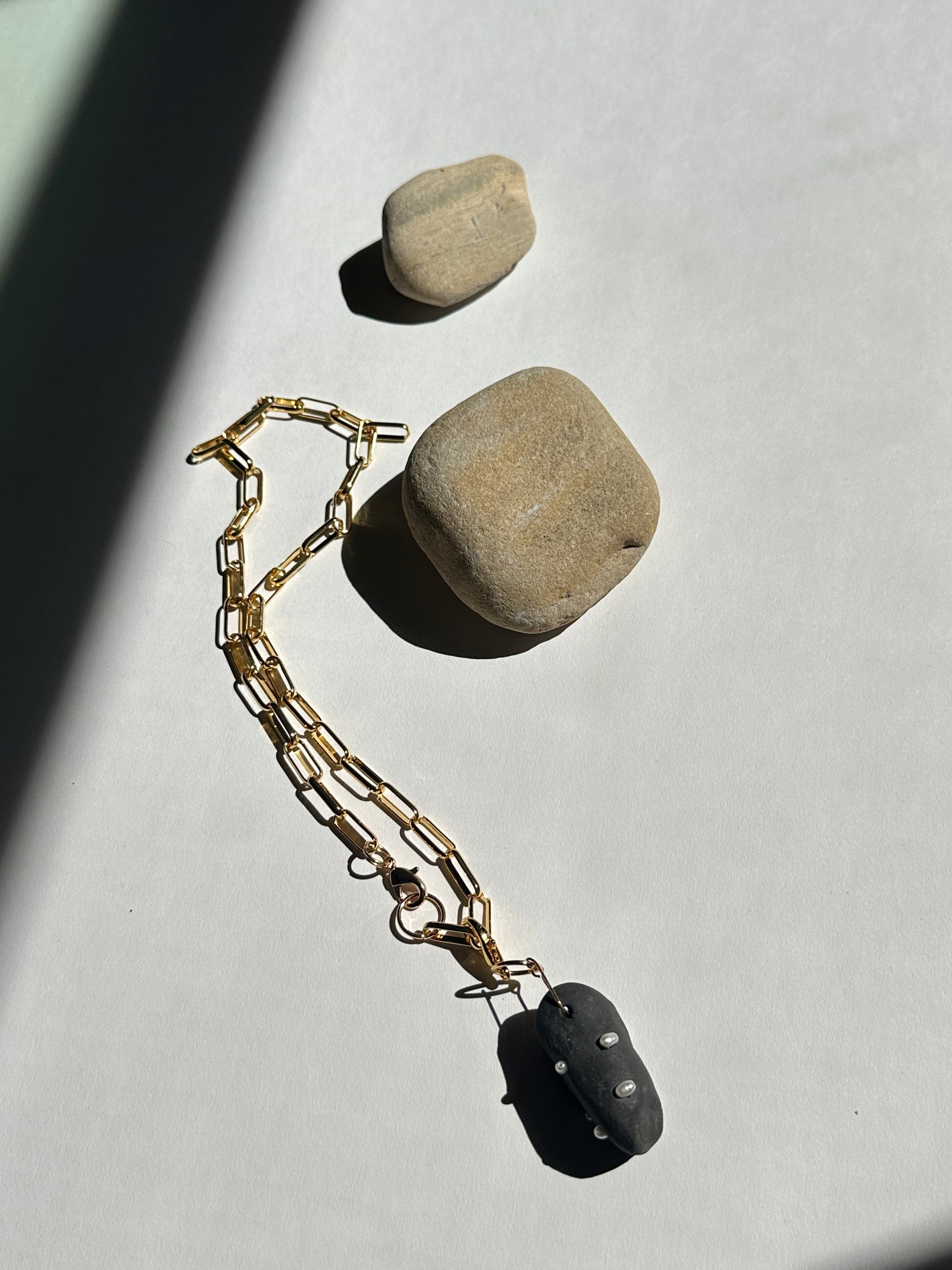 Black Ceramic Form & Small Pearl Pendant on Gold Paperclip Chain