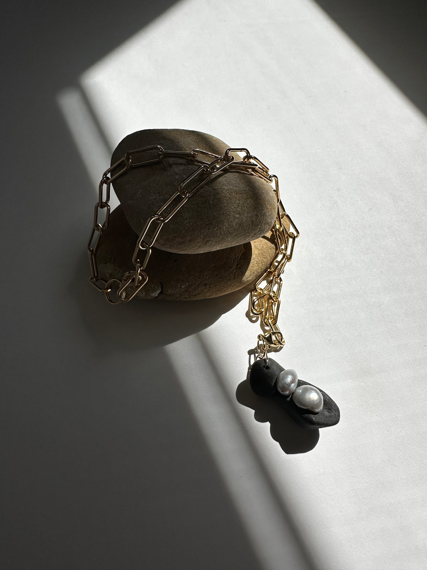 Black Ceramic Form & Baroque Pearl Pendant on Gold Paperclip Chain