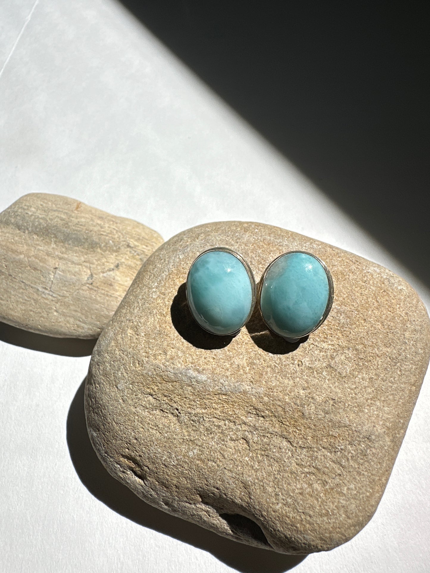 Vintage Larimar Oval Cabochon Sterling Silver Stud Earrings