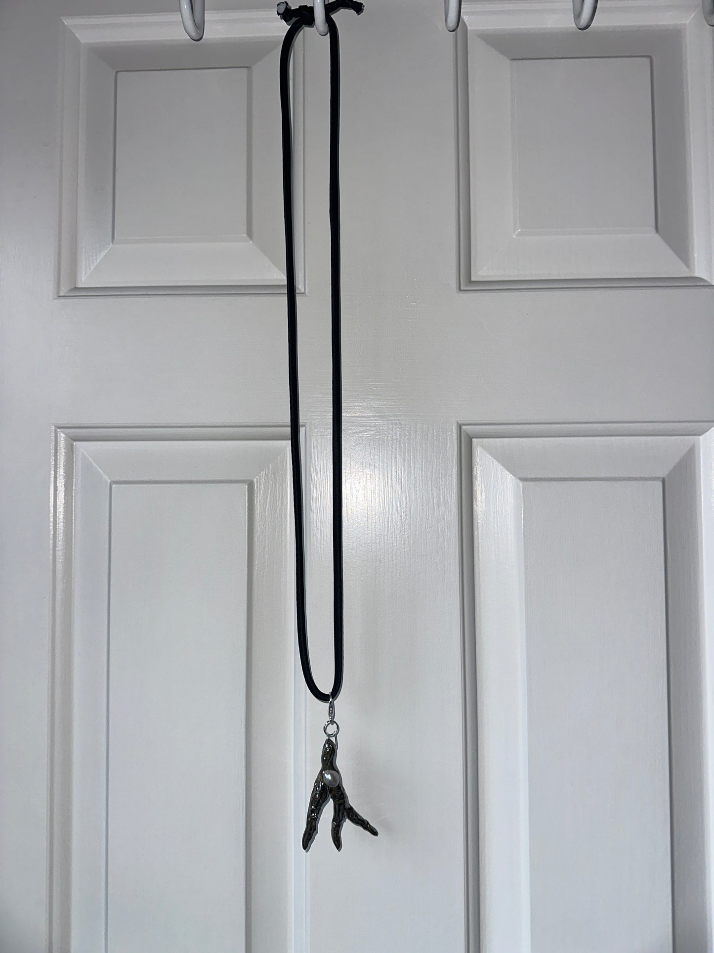 Ceramic Chrome Metalic Driftwood Pendant Necklace With Baroque Pearl on Black Silk Cord