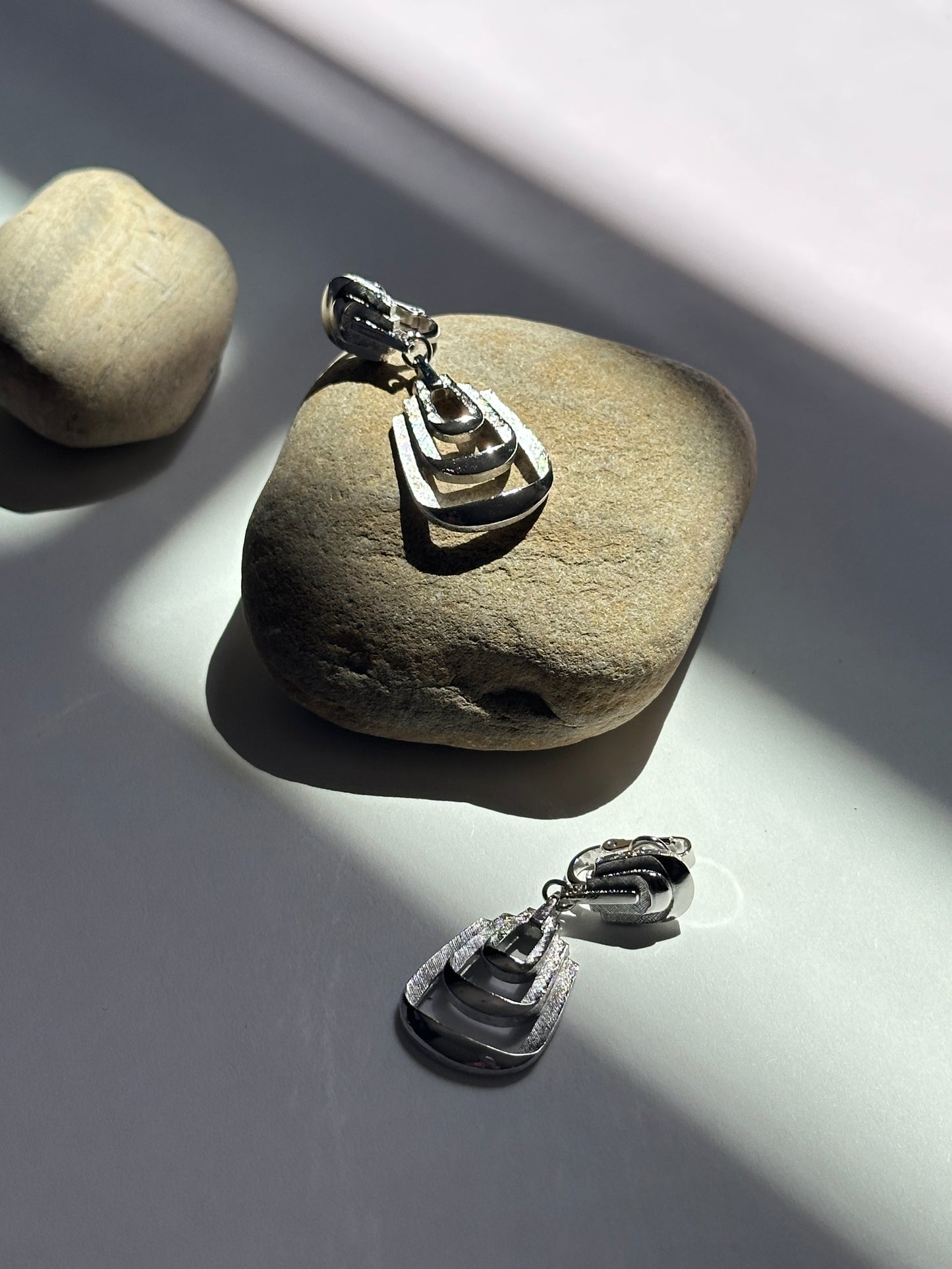 Vintage Nested Trapeze Drop Clip-On Earrings in Silver