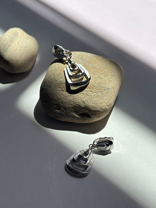 Vintage Nested Trapeze Drop Clip-On Earrings in Silver