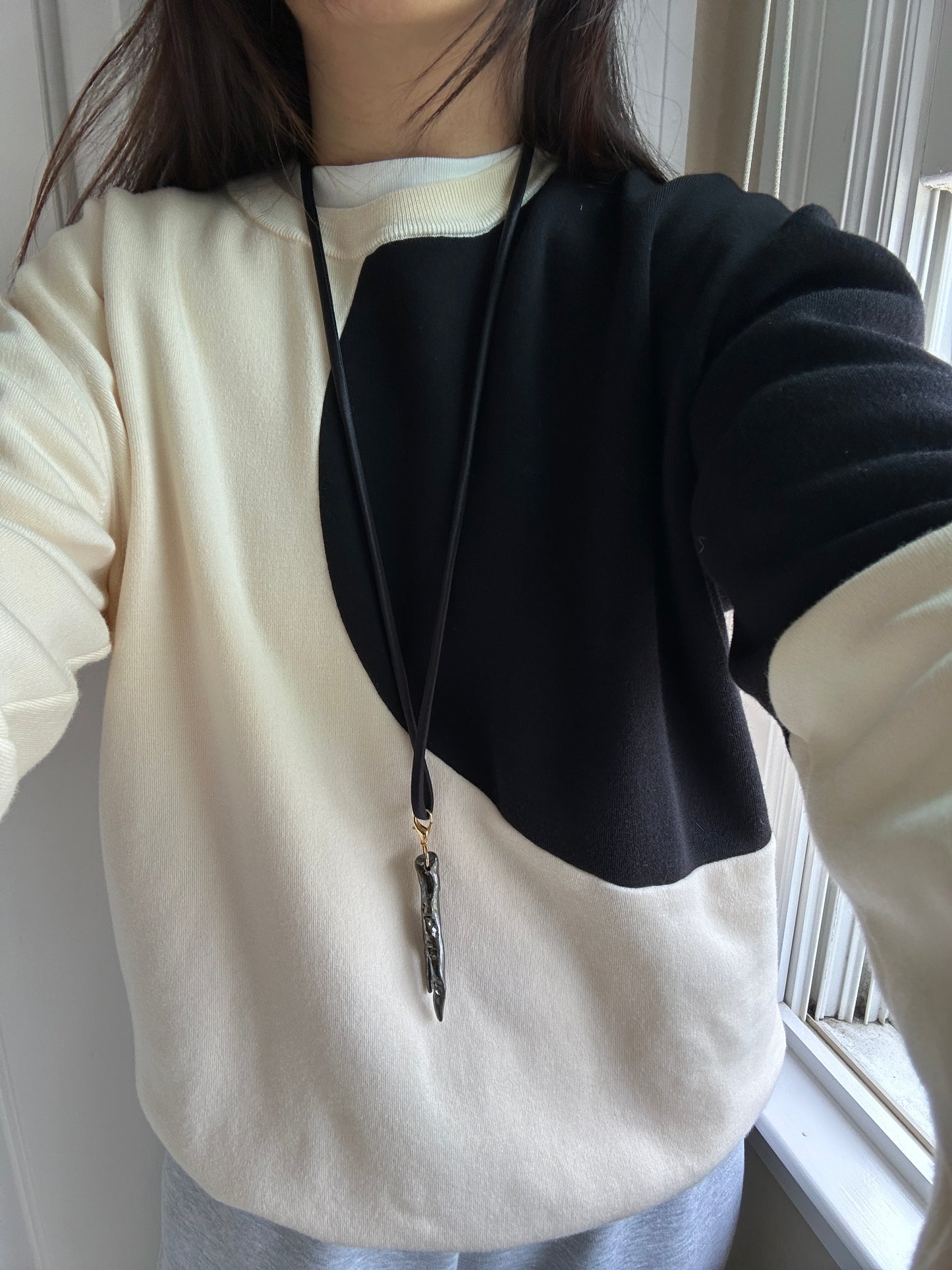Ceramic Chrome Metalic Driftwood Pendant Necklace on Black Silk Cord