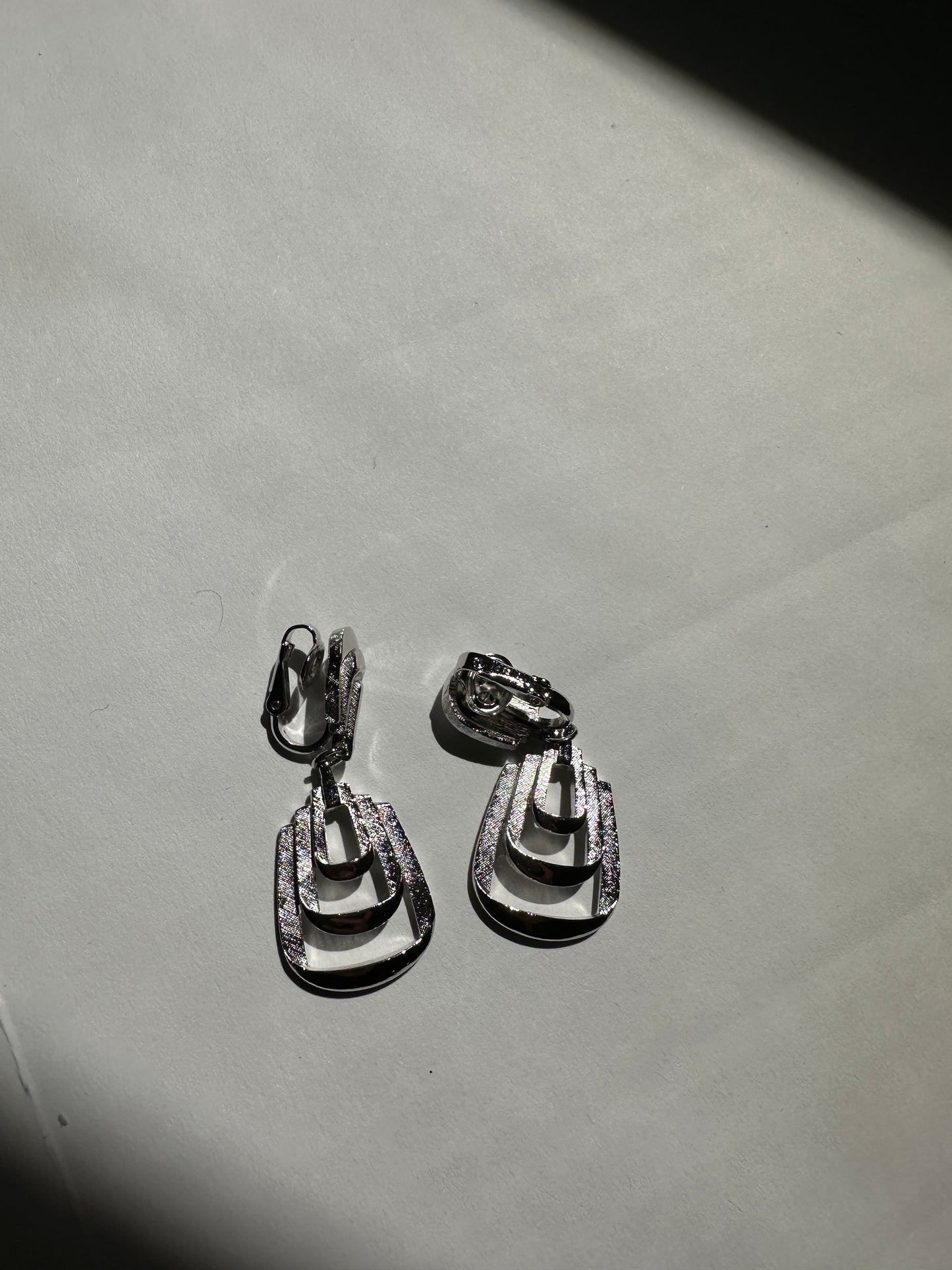 Vintage Nested Trapeze Drop Clip-On Earrings in Silver