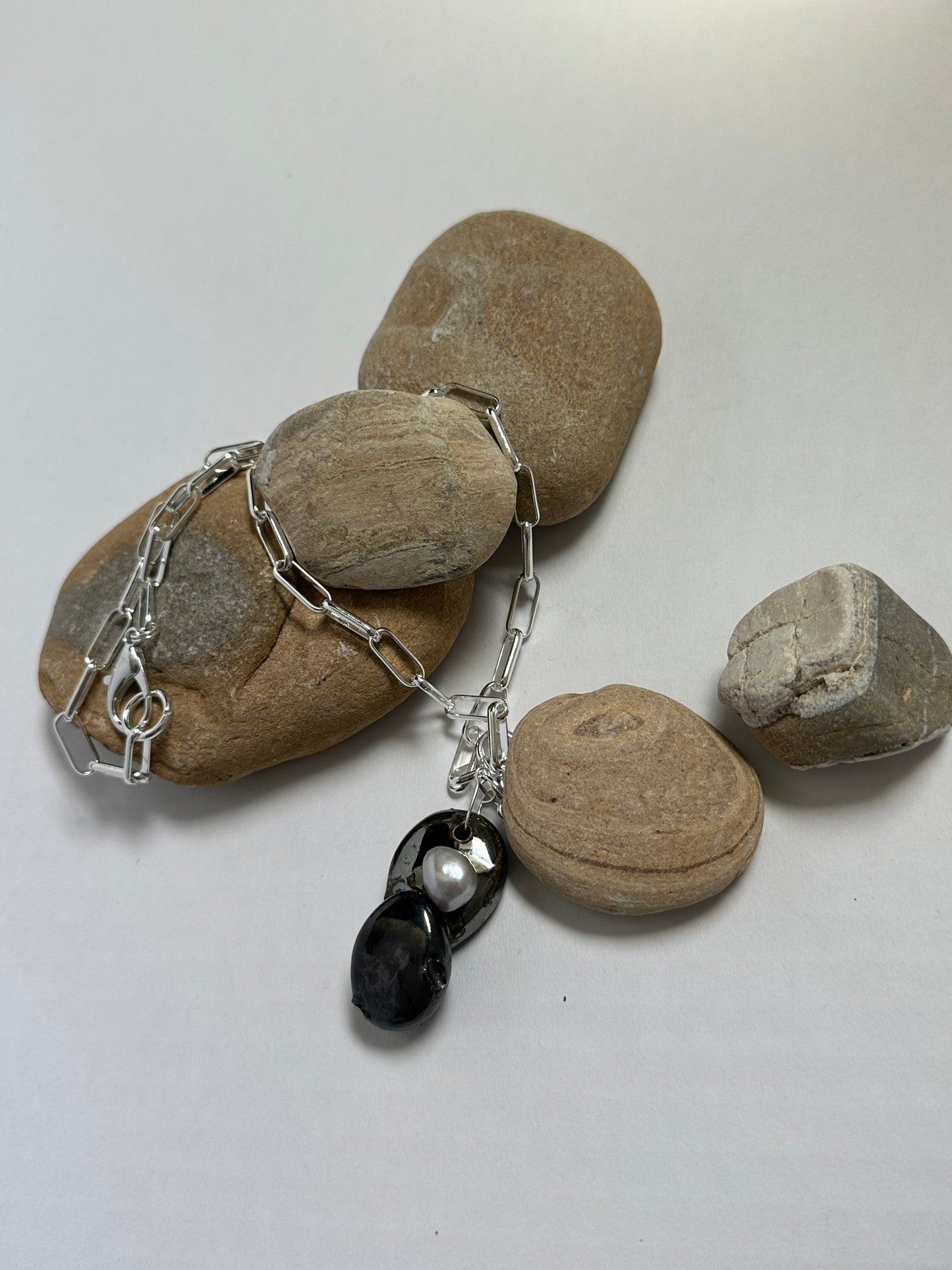 Stacked Ceramic Cobbles & Baroque Pearl Pendant on Silver Paperclip Chain