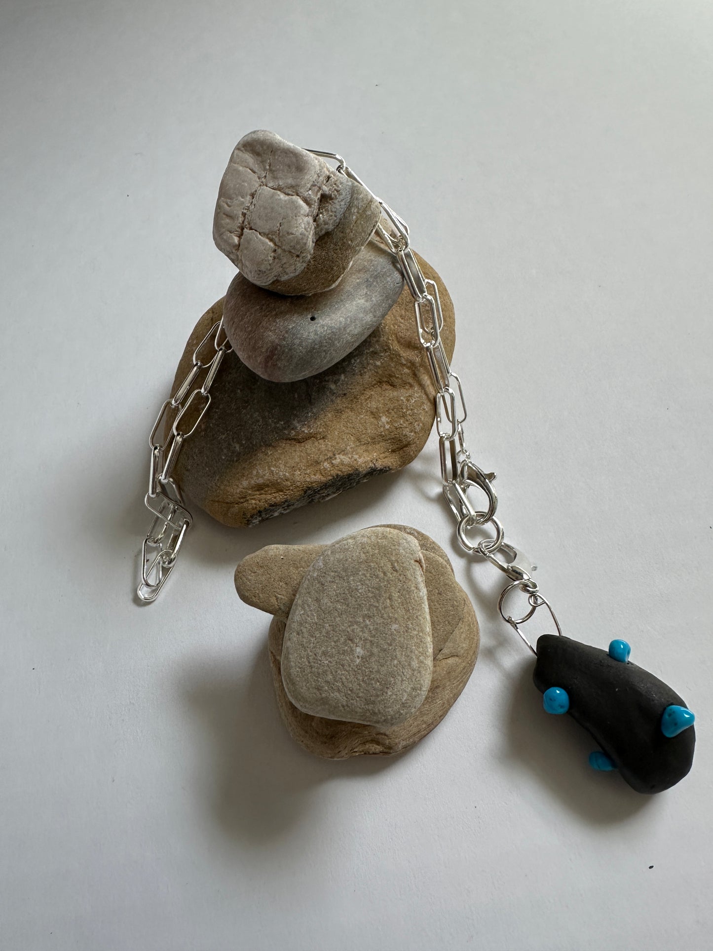 Black Ceramic Form & Turquoise Stone Pendant on Silver Paperclip Chain