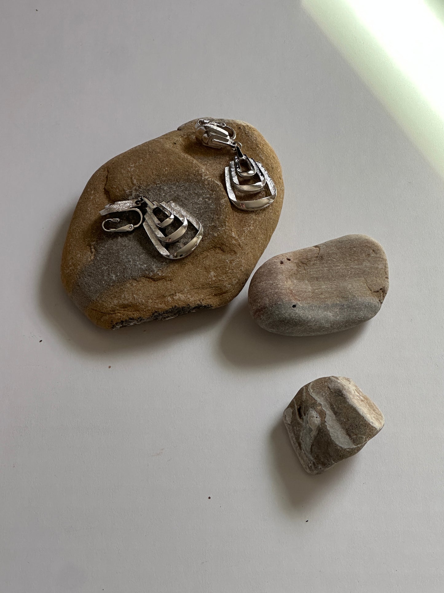 Vintage Nested Trapeze Drop Clip-On Earrings in Silver