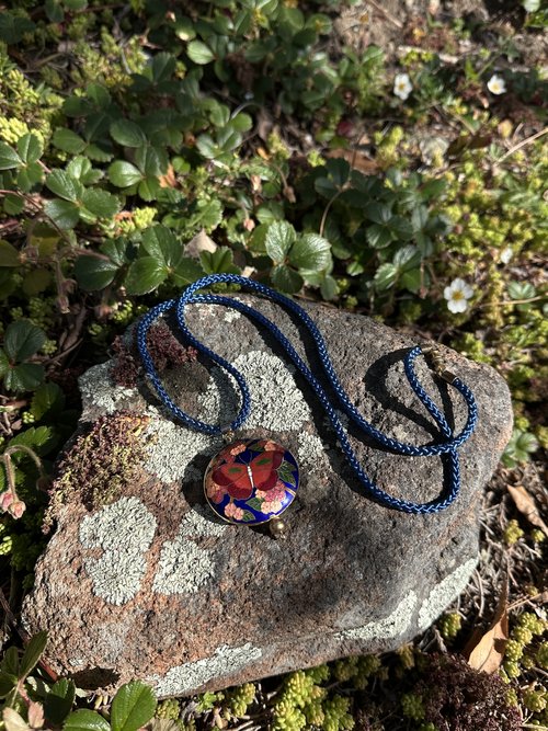 Handcrafted Cloisonné Butterfly Pendant Necklace on Braided Cord