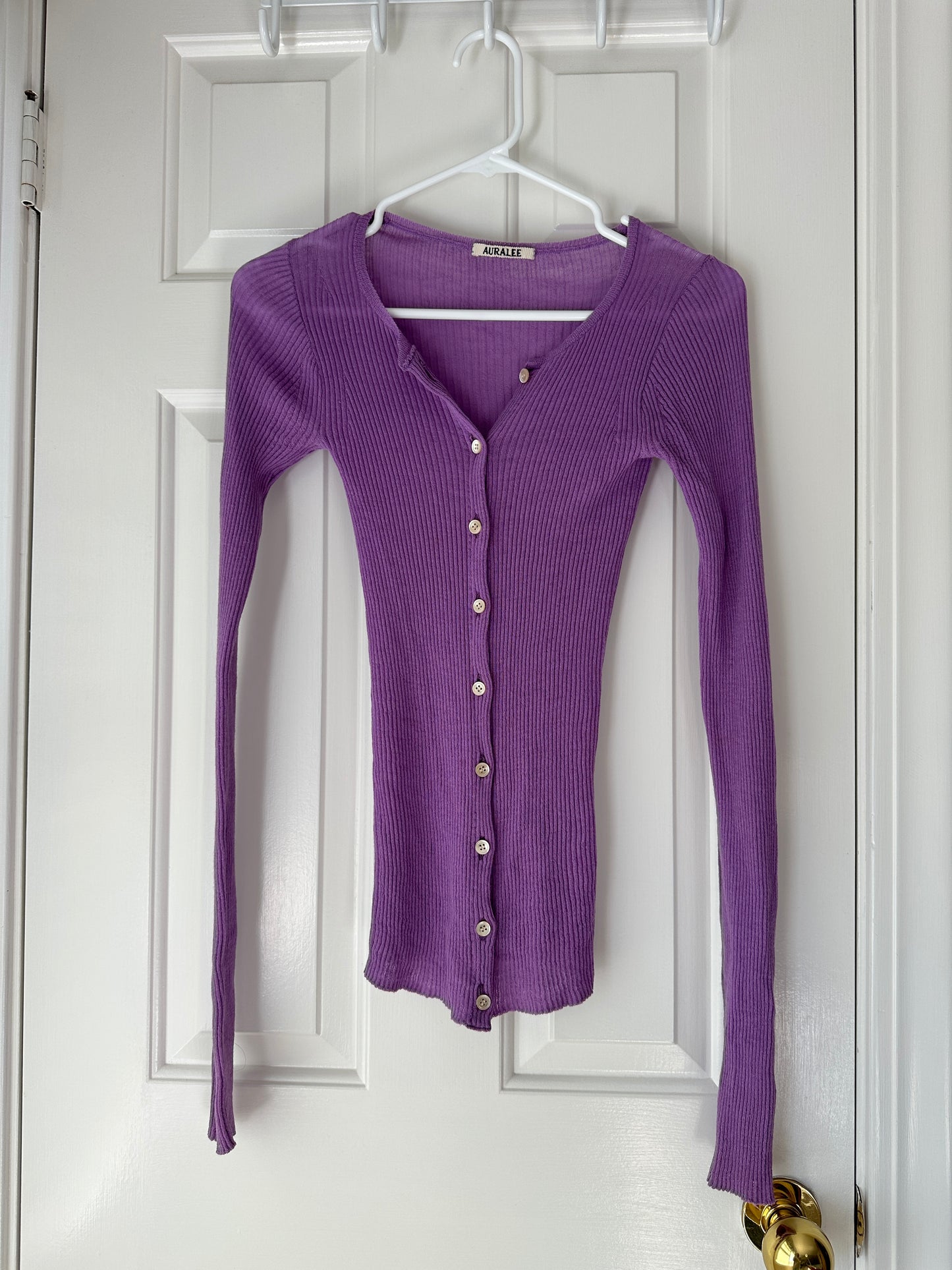 AURALEE Purple Ribbed Knit Wool Mohair Cardigan